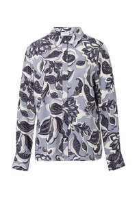 Langarmbluse mit Kragen und Knopfverschluss, ausgestattet mit einem großen schwarz-weißen Blumenmuster auf einem hellgrauen Hintergrund.