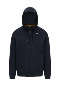 Hoodie zippé bleu marine avec une capuche à cordon, des poches avant, des poignets côtelés et un petit logo sur la poitrine. Fabriqué en matière douce et texturée.
