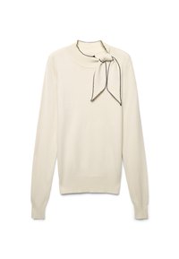 Cremefarbenes Sweatshirt mit Rundhalsausschnitt und langen Ärmeln. Verfügt über eine dekorative Schleife am Hals mit kontrastierender schwarzer Einfassung.