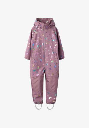 Lilla flyverdragt til børn med hætte, der har flerfarvede reflekterende dyremønstre, elastiske manchetter og justerbare fodstropper.