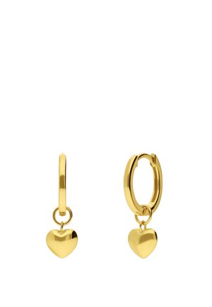 Gouden oorringen met kleine gepolijste hartvormige hangers aan elke ring, tegen een witte achtergrond.