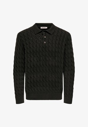 Dark green knitted polo sweater featuring a textured cable pattern, three-button placket, and ribbed cuffs and hem.