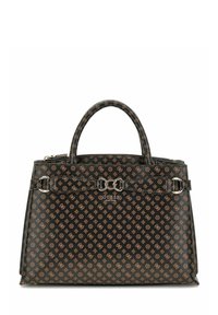 Bolso de mano sintético negro con logo estampado marrón, dos asas cortas y herrajes en tono plateado, con un diseño estructurado y detalle de hebilla.