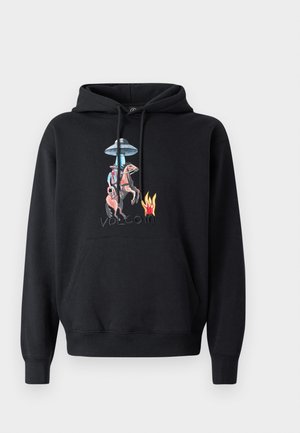 Black hoodie with a front pocket, featuring a colorful graphic of a cowboy on a horse, a UFO, and flames, with "volcom" embroidered below.