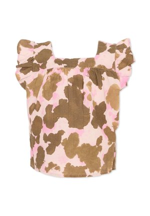 Różowa bluzka z brązowym abstrakcyjnym wzorem plam, kwadratowym dekoltem i krótkimi marszczonymi rękawami.