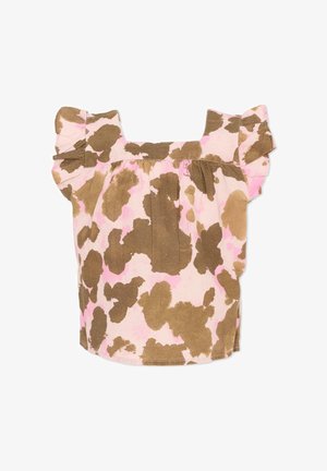 Blusa rosa con motivo a macchie astratte marroni, scollatura quadrata e maniche corte arricciate.