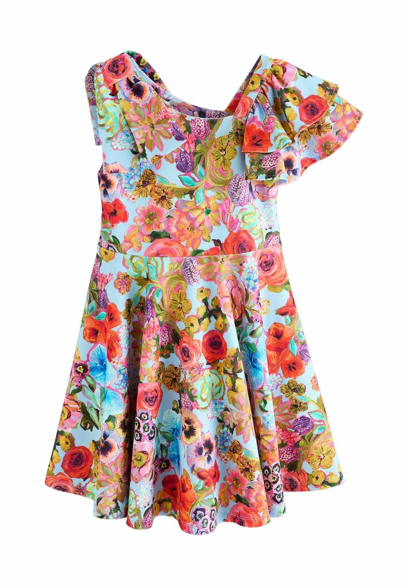 Cvećasta haljina s A-linijom siluetom, jednim nabranim rukavom, svijetloplavom pozadinom, živopisnim ružičastim, crvenim i ljubičastim cvjetovima, glatka tkanina.