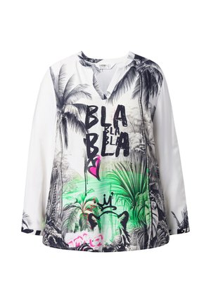 Long-sleeve shirt in white and black, featuring a tropical print with palm trees and graffiti-style text in bold colors, including green accents.