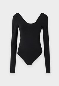 Svart langermet bodysuit med dyp utringning, laget av et glatt, elastisk stoff, med en figursydd design og minimalt med sømmer.