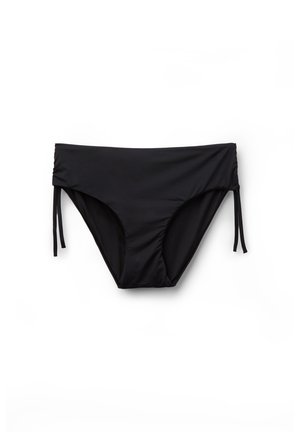 Bas de bikini noir taille haute avec liens sur les côtés, sur fond blanc.
