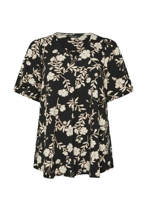 Sort kortærmet top med en blomsterprint i creme, med V-hals og plisseret detalje, lavet af letvægtsstof.