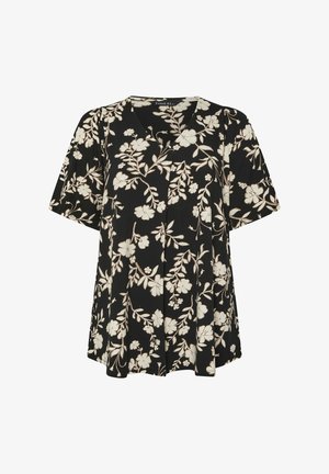 Sort kortærmet top med en blomsterprint i creme, med V-hals og plisseret detalje, lavet af letvægtsstof.