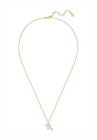 Zlatna ogrlica s nježnom lancem i privjeskom sa simbolom zodijaka Škorpija, ukrašena malim prozirnim draguljima za dodatne detalje.