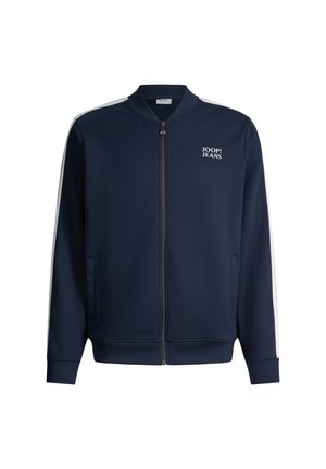 Veste zippée bleu marine avec bandes blanches sur les côtés et logo "JOOP! JEANS" sur la poitrine gauche, avec col et poignets côtelés.
