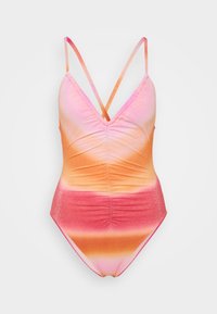 Maillot de bain une pièce avec un dégradé de couleurs rose, orange et corail, agrémenté de détails froncés et de fines bretelles croisées dans le dos.