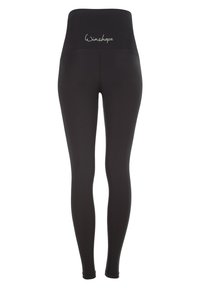 Black high-waisted leggings made of stretchy material with a smooth texture. Features a subtle logo on the waistband and a fitted design.