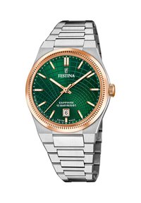 Montre en acier inoxydable argenté avec un cadran texturé vert, des accents en or rose, un affichage de date et du verre saphir. Elle présente un design de bracelet à maillons.