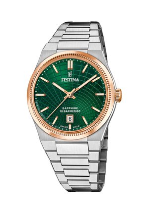 Montre en acier inoxydable argenté avec un cadran texturé vert, des accents en or rose, un affichage de date et du verre saphir. Elle présente un design de bracelet à maillons.