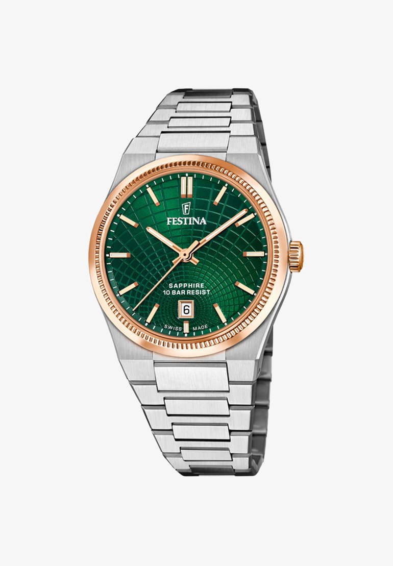 Montre en acier inoxydable argenté avec un cadran texturé vert, des accents en or rose, un affichage de date et du verre saphir. Elle présente un design de bracelet à maillons.