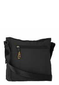 Schwarze Umhängetasche aus Stoff, mit einer Reißverschluss-Vordertasche, verstellbarem Tragegurt und einem strukturierten Ziehgriff. Leichtgewichtiges und kompaktes Design.