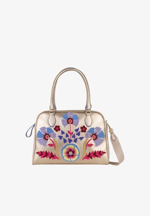 Gouden handtas met twee handvatten en afneembare riem, versierd met grote blauwe en rode geborduurde bloemenpatronen aan de voorkant.