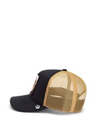 Casquette de baseball noire avec un dos en mesh doré, arborant une patch à l'avant. La visière est incurvée et un petit logo est présent sur le côté.