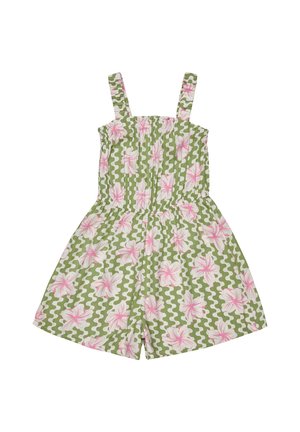Jumpsuit vert avec un motif floral rose et des accents ondulés blancs. Il dispose de bretelles réglables et d'une taille élastique pour un ajustement confortable.