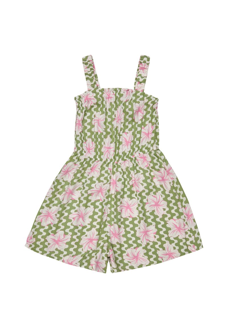 Grön jumpsuit med rosa blommönster och vita vågiga detaljer. Har justerbara band och elastisk midja för en bekväm passform.