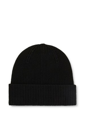 Black knitted beanie hat with a folded cuff, shown flat on a white background.