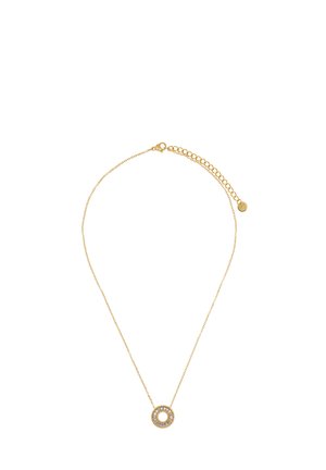 Delicate gold chain necklace with a circular pendant featuring small, clear stones arranged around the ring in a symmetrical pattern.
