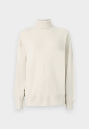 Cream-colored knitted turtleneck sweater with long sleeves and ribbed cuffs and hem, shown on a plain white background.