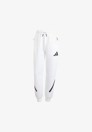 Weiße Sport-Jogginghose mit einem Kordelzugbund, elastischen Bündchen, schwarzen Streifen und einem Adidas-Logo am linken Oberschenkel.