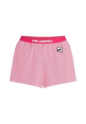 Rode en witte gestreepte boxershort met een elastische roze tailleband waarop het "Karl Lagerfeld" logo staat en een klein zwart accentlogo.