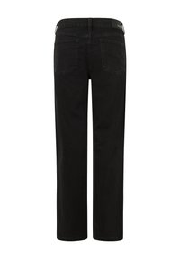 Svarta raka jeans i denim med två bakfickor, midjeband och diskret sömnadsdetaljering. Slät textur, klassisk design.