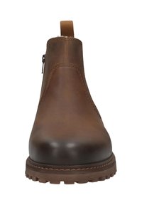 Braune Leder-Ankle Boots mit runder Zehenpartie, seitlichem Reißverschluss, Zugschlaufe hinten und dickem, geripptem Profil für guten Halt.