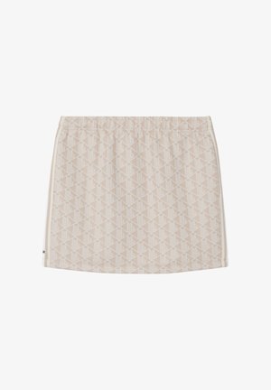 Minigonna beige con motivo geometrico su tutta la superficie, vita elasticizzata e strisce laterali bianche, distesa su sfondo bianco.