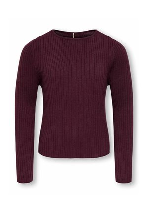 Pull en maille côtelée à manches longues, couleur bordeaux foncé, col rond et silhouette ajustée.