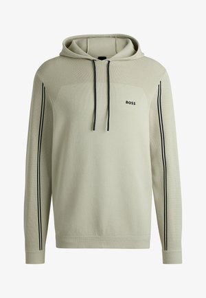 Felpa verde chiaro con cappuccio e maglia testurizzata, logo nero sul petto, strisce nere laterali e cordoncini regolabili.