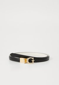 Zwarte leren riem met een gouden sluiting met een schitterend "G" logo, weergegeven tegen een effen witte achtergrond.