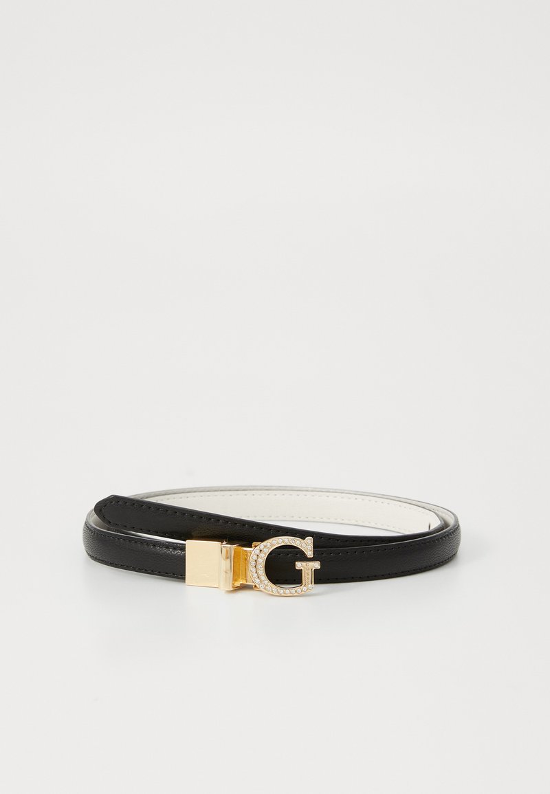 Zwarte leren riem met een gouden sluiting met een schitterend "G" logo, weergegeven tegen een effen witte achtergrond.