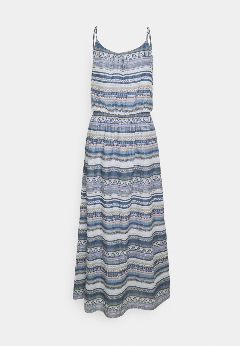 Robe longue sans manches à fines bretelles, avec des motifs géométriques horizontaux et en zigzag dans des tons bleus, gris, blancs et violet clair.