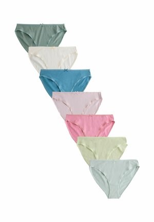 Seven women's underwear in pastel colors arranged diagonally on a white background, each with a small decorative bow on the waistband.