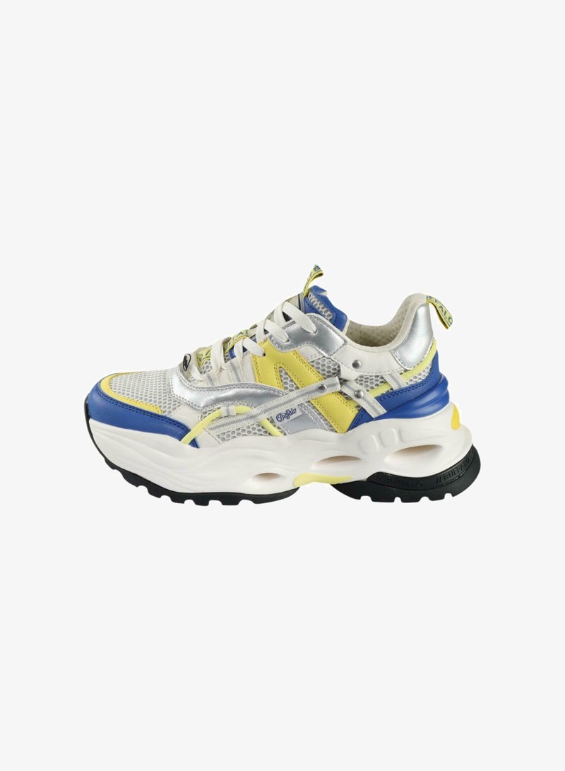 Sporta kedas ar acu sietu un metāliski pelēkiem akcentiem, kurās dominē zila, dzeltena un baltā krāsa; bieza balta zole ar melnu gumijas protektoru.