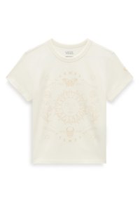 Krémové bavlněné tričko s propracovaným grafickým potiskem slunce, můry a květinových vzorů v jemných béžových tónech. Kulatý výstřih, krátké rukávy.