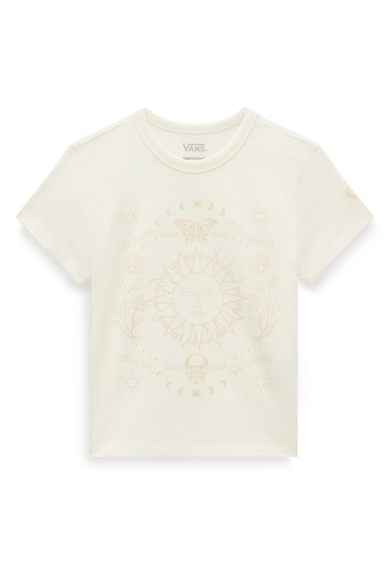 Krémové bavlněné tričko s propracovaným grafickým potiskem slunce, můry a květinových vzorů v jemných béžových tónech. Kulatý výstřih, krátké rukávy.
