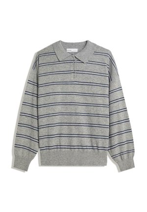 Gray long-sleeve polo sweater with a collared neck, featuring navy horizontal stripes and a button placket at the collar. Soft texture.