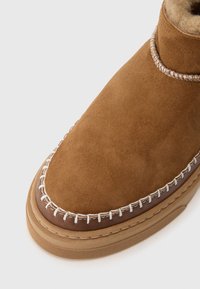 Primo piano di un boot in suede marrone per l'inverno con suola spessa, cuciture bianche lungo il bordo e rivestimento soffice all'interno della zona della caviglia.