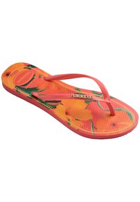 Chinelo com design floral em tons de laranja e rosa, sola de borracha texturizada e tiras finas e flexíveis em rosa brilhante. Logotipo da Havaianas visível.
