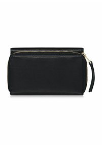 Czarny skórzany portfel z złotym zamkiem. Prostokątny kształt, gładka tekstura, z bocznym detalem w postaci frędzla ułatwiającym otwieranie.