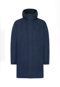 Temno modra oblazinjena jakna s kapuco, zadrgo spredaj, dvema stranskima žepoma in vrvico okoli ovratnika. Gladka tekstura in pravilen kroj.